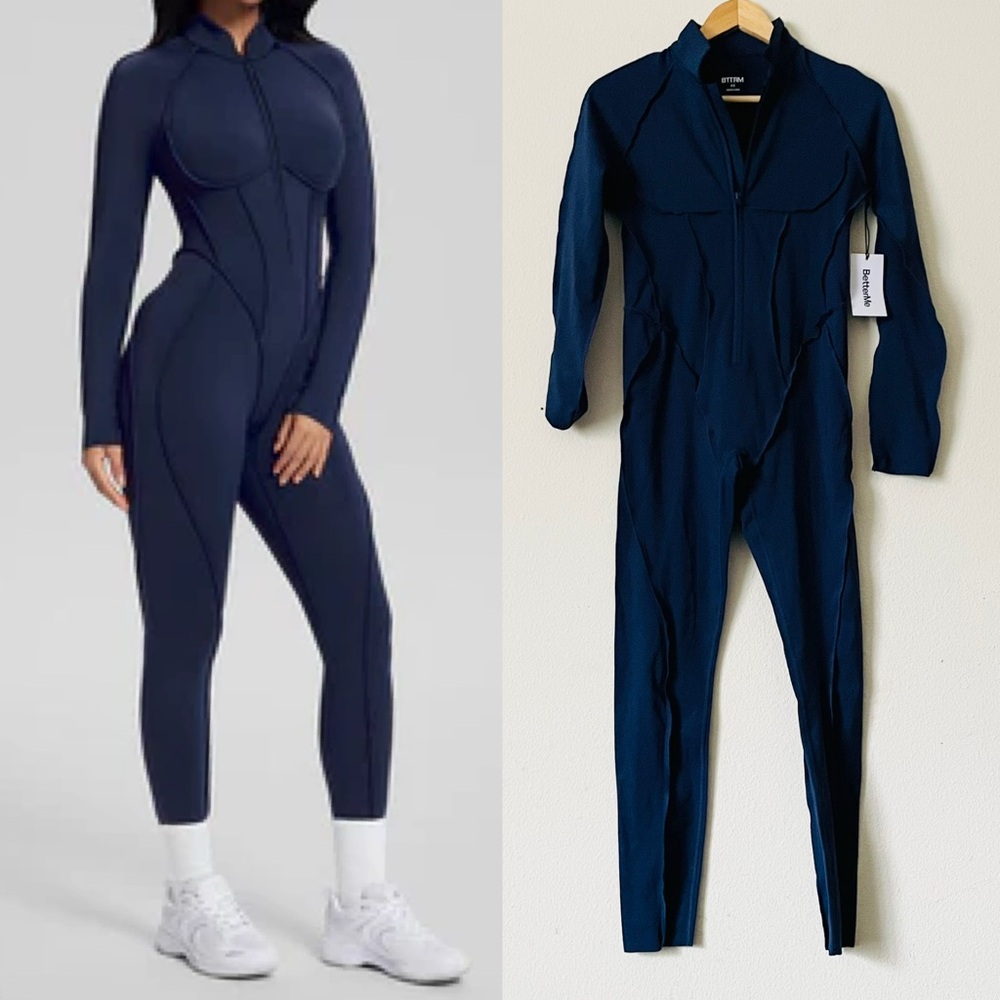 Women's Navy Long-Sleeve Zip Front Jumpsuit